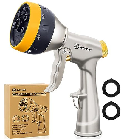 AUTOMAN Garden Nozzle Sprayer, High Pressure Spray Nozzle, 100% Metal Water Hose Nozzle, 7 Patterns Watering Nozzle, Heavy Duty Sprayer Garden Nozzle for Watering Plants & Lawns, Washing Cars & Pets - color: Metal