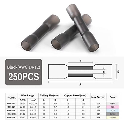 250PCS Heat Shrink Butt Wire Connectors 14-12 AWG, Insulated Waterproof Electrical Wire Connectors Automotive Marine Grade Wire Crimp Terminals Butt Splices, Ideal for Boat, Truck, Black - size: 14-12 AWG - Black 250 PCS
