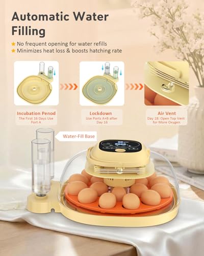 18 Egg Incubator for Hatching Eggs with Automatic Turning, Digital Temperature & Humidity Control, Built-in Egg Candler & Auto Water Refill, 360° Clear View for Chicken, Beige+Orange