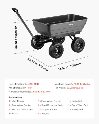 VEVOR 7 Cu.Ft 1200LBS Poly Garden Cart Dump Wagon, Heavy Duty Wheelbarrow with 2-in-1 Convertible Handle and 13" Flat Free Tires, Utility ATV Trailer Yard Dump Cart Tow Behind for Lawn Mower Tractor - color: Darkgrey