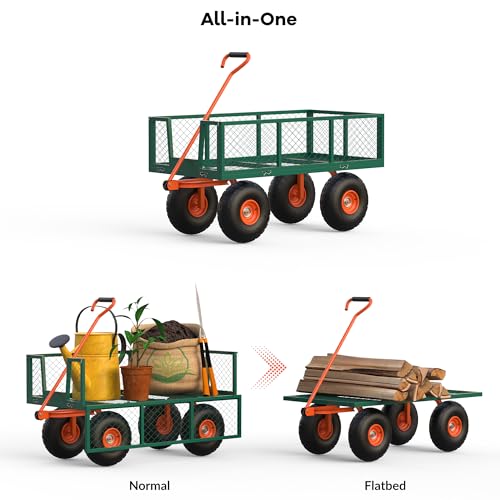 GarveeTech Steel Garden Cart, 500 LBS, 3 in-1 Folding Utility Wagon with Removable Sides, 10 in Tires, 180° Rotating Handle for Outdoor, Farm, Lawn and Garden, Heavy Duty Flatbed, Green & Orange - size: 500 LBS