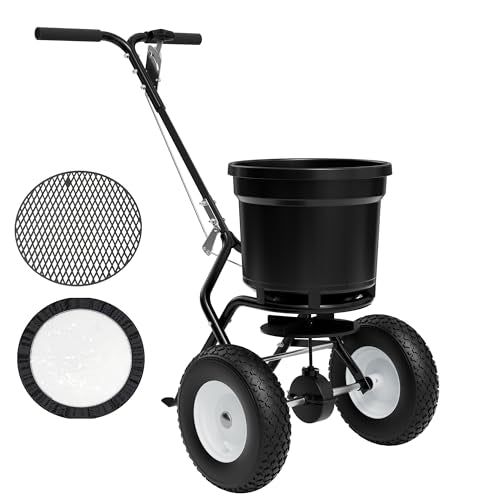 PPOLB Broadcast Spreader for Lawns, 50LB Fertilizer Spreader with 30-Level Flow Control, Walk Behind Lawn Seed & Salt Spreader, 0–10FT Coverage, Hopper Screen, Rain Cover, 12" Pneumatic Wheels - size: 50LBS