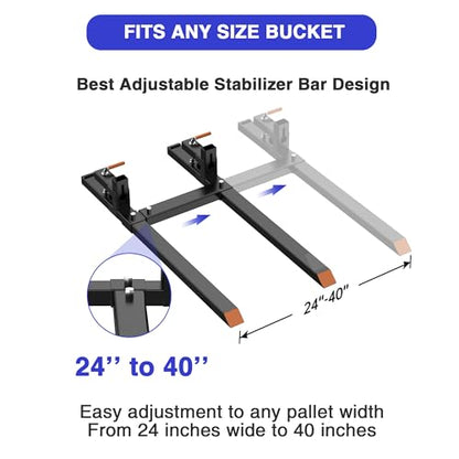 Heavy Duty 60" Tractor Bucket Pallet Forks - 4000 Lbs Clamp-On Fork Attachment for Skid Steer, Loader with Adjustable Stabilizer Bar