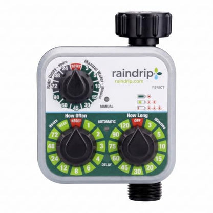 Raindrip R675CT Analog 3-Dial Water, Sprinkler Timer with Rain Delay for Drip Irrigation, Garden, Self-Watering - style: Analog
