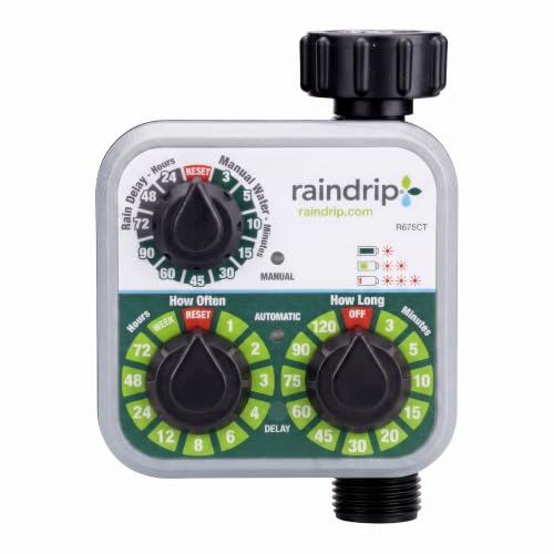 Raindrip R675CT Analog 3-Dial Water, Sprinkler Timer with Rain Delay for Drip Irrigation, Garden, Self-Watering - style: Analog