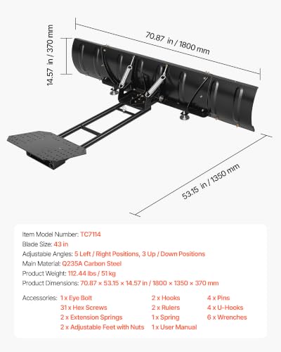 VEVOR Snow Plow Kit 43 in/72 in Width Adjustable Universal Plow Attachment - size: 43in-72in Adjustable
