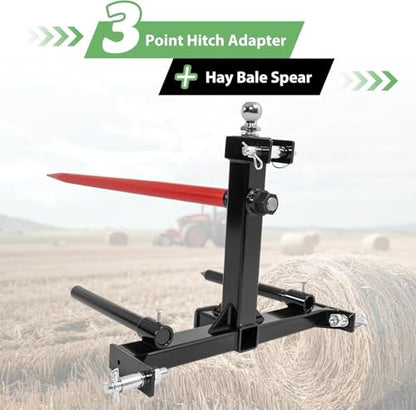 Wutist 3 Point 47" Hay Spear Gooseneck Drawbar Trailer Hitch Fit for All Category 1 Tractors 3000lbs W/ 2 Stabilizers Ball Hay Quick Hitch Attachment Black Steel Powder Coated