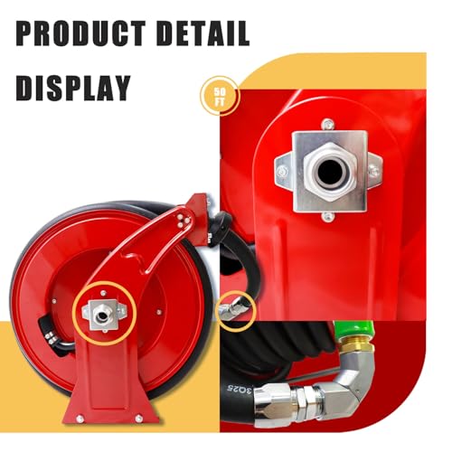 Fuel Hose Reel,Ratchet Spring-Driven Retractable 1"x 50' Diesel Hose Reel W/Swivel, AUTO Fuel Nozzle,SS Eblow Barb Fitting,300 PSI,1"NPT Inlet,1" Outlet Heavy Duty Steel Construction - color: Red, size: 1"-50FT