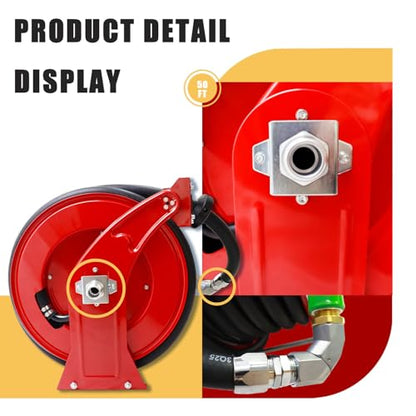 Fuel Hose Reel,Ratchet Spring-Driven Retractable 1"x 50' Diesel Hose Reel W/Swivel, AUTO Fuel Nozzle,SS Eblow Barb Fitting,300 PSI,1"NPT Inlet,1" Outlet Heavy Duty Steel Construction - color: Red, size: 1"-50FT