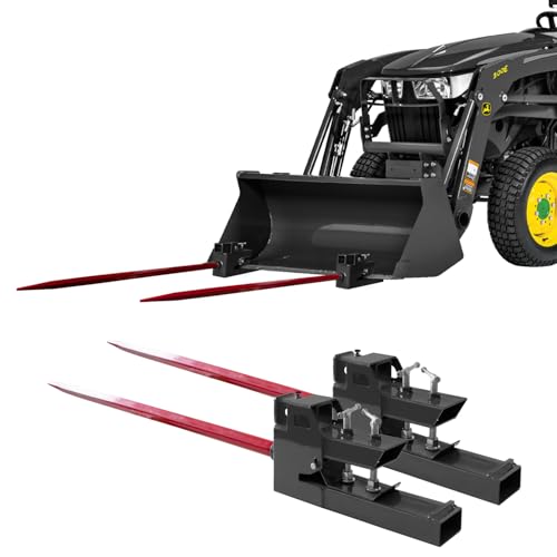 49" Hay Spear Attachment, Dual Bale Spears 3000lbs Capacity, Universal HD Front Skid Steer Quick Attach Tractor Loader Bucket Attachment with 2pcs Spears & 2-Inch Trailer Hook (Black) - color: Black