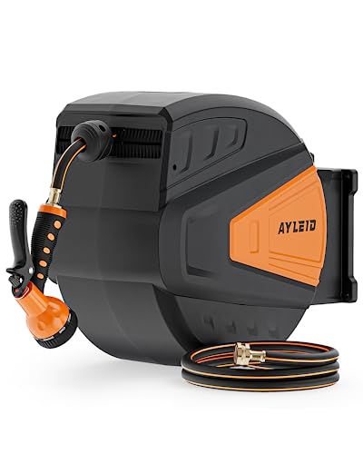 Ayleid Retractable Rubber Hybrid Garden Hose Reel, 1/2"x130ft Wall Mount - color: Deep Black, size: 130FT