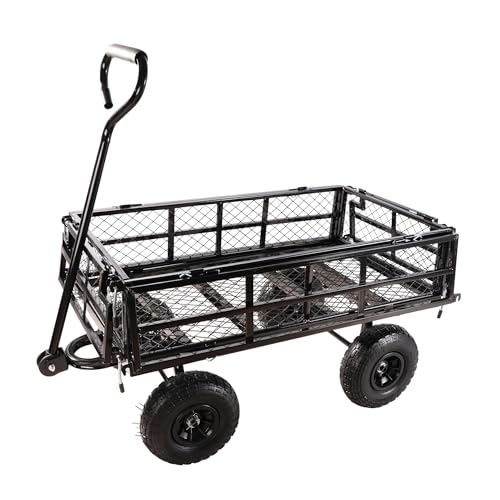 Heavy Duty Garden Wagon with Foldable Sides, Pneumatic Tires, Adjustable Handle (Black Double Layer) - color: Black Double Layer