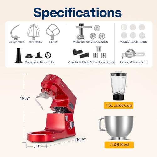 VIVOHOME 9-in-1 Stand Mixer with Fermentation & Timer, 7.5-Quart, Red - color: Red, size: 9-in-1