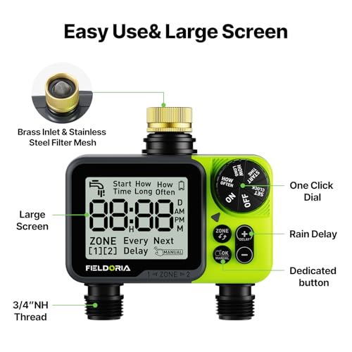Sprinkler Timer- Hose Timer for Garden Hose, Programmable Watering Timer with Rain Delay, Outdoor Automatic & Manual Drip Irrigation Controller System for Lawn Yard Greenhouse, 2 Outlets - color: Light Green-brass