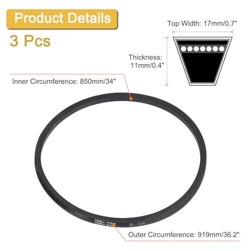 uxcell 3 Pack B34 Classic Wrapped V-Belt, 36" Outside Circumference, Black Rubber Industrial V-Belt - size: B34
