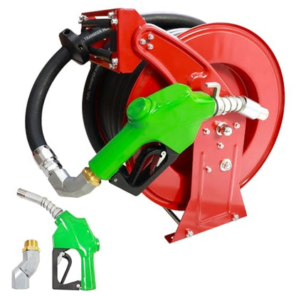 Fuel Hose Reel,Ratchet Spring-Driven Retractable 1"x 50' Diesel Hose Reel W/Swivel, AUTO Fuel Nozzle,SS Eblow Barb Fitting,300 PSI,1"NPT Inlet,1" Outlet Heavy Duty Steel Construction - color: Red, size: 1"-50FT