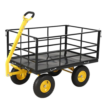 Steel Garden Utility Wagon – 1500 lbs Capacity, 13-Inch All-Terrain Wheels, Removable Sides, 180° Swivel Handle – Towable Flatbed Cart for Lawn, Yard, Farm – Red Rims, Black Frame, Black - color: Black