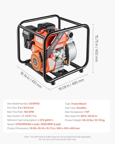 VEVOR Gas Powered Water Pump 2 Inch 142 GPM 7HP Semi Trash Pump Portable | for irrigation Ponds Pools, 98 ft Lift, 23 ft Suction, Gasoline Engine Water Transfer, Heavy Duty Frame, 25 ft Discharge Hose - size: 2in 7.0 HP 142 GPM