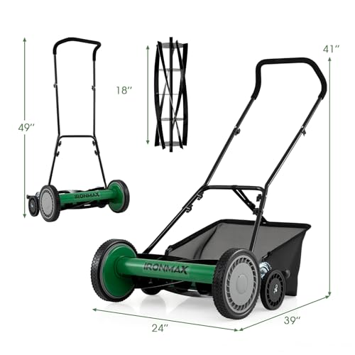 IRONMAX 18 Inch 5-Blade Push Reel Mower, Removable Grass Catcher, Green - color: Green, size: 18 Inch