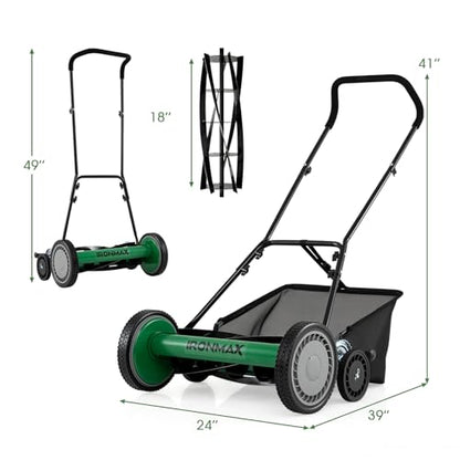 IRONMAX 18 Inch 5-Blade Push Reel Mower, Removable Grass Catcher, Green - color: Green, size: 18 Inch
