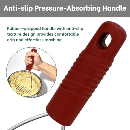 Beneno Ergonomic Soft Grip Stainless Steel Potato Masher, Black - color: Red