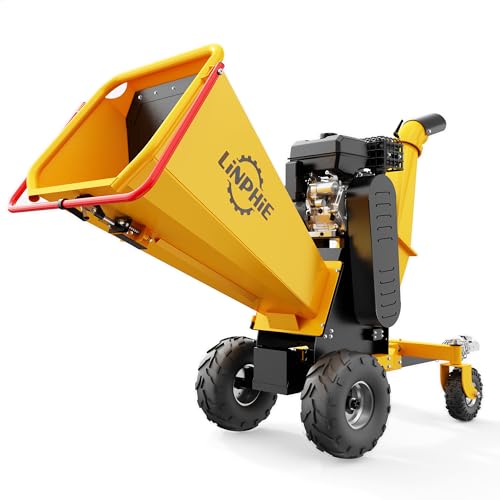 Wood Chipper 420cc 15 HP Gas Powered Engine Wood Chipper Shredder Mulcher with E-Strat 4Wheels Towbar Tail Light Emergency Stop Switch (6'' Yellow) - size: 6'' Yellow