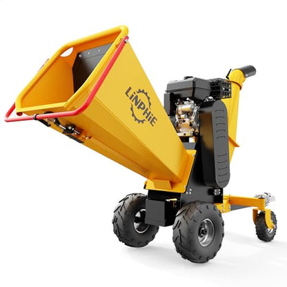 Wood Chipper 420cc 15 HP Gas Powered Engine Wood Chipper Shredder Mulcher with E-Strat 4Wheels Towbar Tail Light Emergency Stop Switch (6'' Yellow) - size: 6'' Yellow