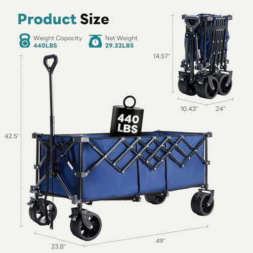 OLIXIS 49" L Collapsible Wagon 440lbs, Folding Wagon Cart with Wheels, Blue - color: Blue