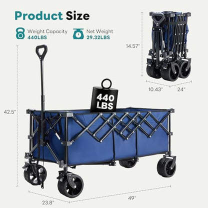 OLIXIS 49" L Collapsible Wagon 440lbs, Folding Wagon Cart with Wheels, Blue - color: Blue