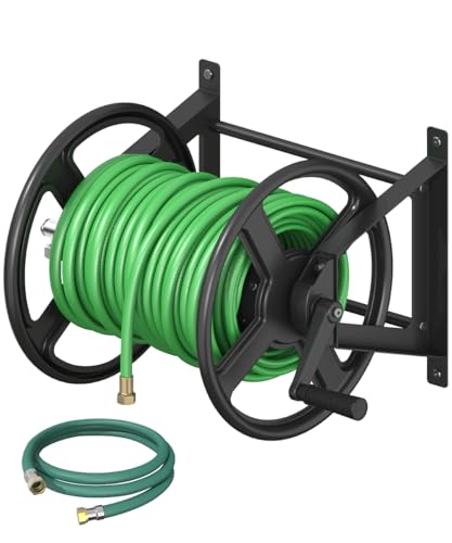 Garden Hose Reel Wall Mounted, Heavy-Duty Water Hose Holder Winder with 3.9 ft Leader Hose & Brass Fitting, Hose Hanger Storage Rack Holds 125-Feet of, 5/8-Inch, for Yard Lawn Farm, Black - color: Black
