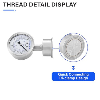 MEASUREMAN Stainless Steel Sanitary Pressure Gauge, 2.5” Dial, 0-60 PSI, Glycerin-Filled for Accuracy, 1.5” Tri Clamp Bottom Mount for Food, Dairy, and Pharmaceutical Applications - size: 2.5",0-60 psi/bar, style: Lower Mount