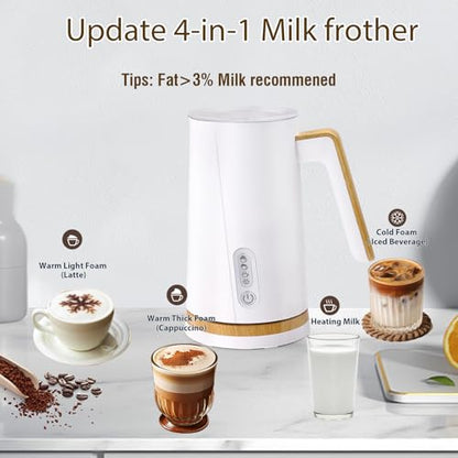 Electric Milk Frother and Steamer, 4-in-1 Milk Steamer with Wood Elements Design, Automatic Hot & Cold Foam Maker for Latte, Cappuccinos, Macchiato, Milk Warmer, Black (white) - color: White