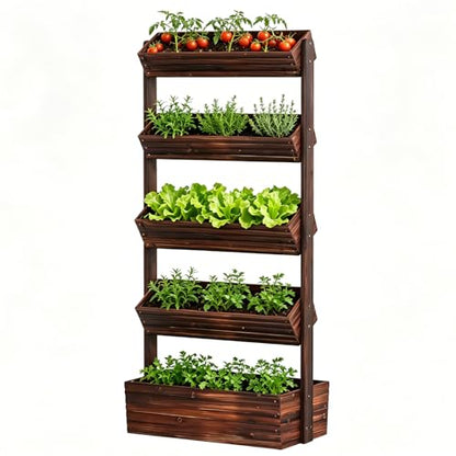 5-Tier Vertical Wooden Raised Garden Bed, herb garden planter, Carbonized - color: Carbonized, size: 5-Tier