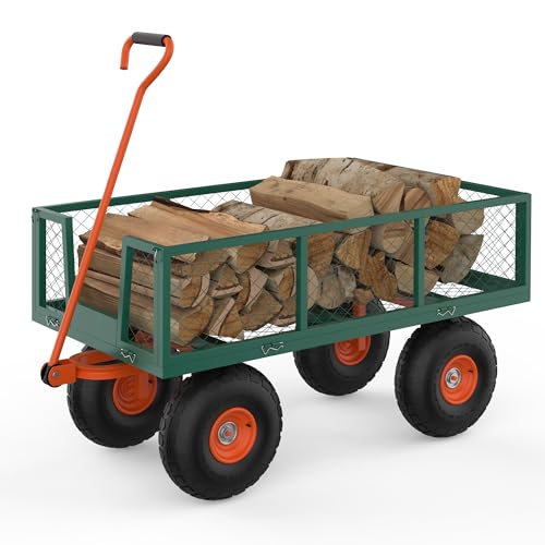 GarveeTech Steel Garden Cart, 500 LBS, 3 in-1 Folding Utility Wagon with Removable Sides, 10 in Tires, 180° Rotating Handle for Outdoor, Farm, Lawn and Garden, Heavy Duty Flatbed, Green & Orange - size: 500 LBS