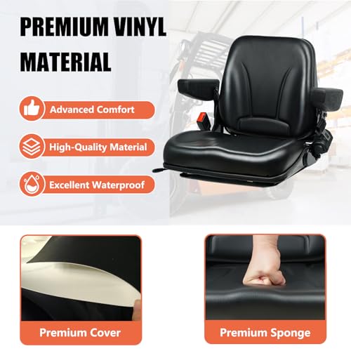 Universal Forklift Seat, Fold Down Tractor with Armrest, Retractable Safety Belt and Micro Switch for Excavator, Skid Loader, Backhoe, Dozer, Telehandler