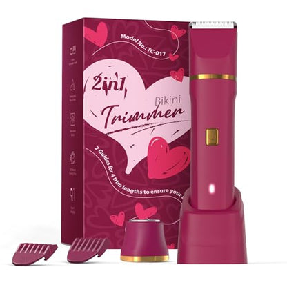 Risina 2-in-1 Bikini Trimmer for Women, Beach Essentials for Women | IPX7 Waterproof, Rechargeable, Ceramic Blades, Body, Facial and Curved Heads for Bikini Line, Pubic Hair, Legs and Underarms - color: Berry Red