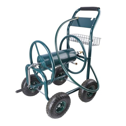 Garden Hose Reel Cart, Portable 4 Wheels Water Hose Reel Cart with Storage Basket, Heavy-Duty Water Hose Holder Trolley for Yard Garden Farm Green As Shown