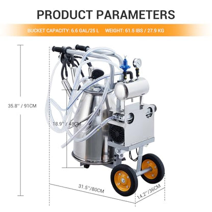 Electric Milking Machine, 25L Stainless Steel Cow Milker Cart
