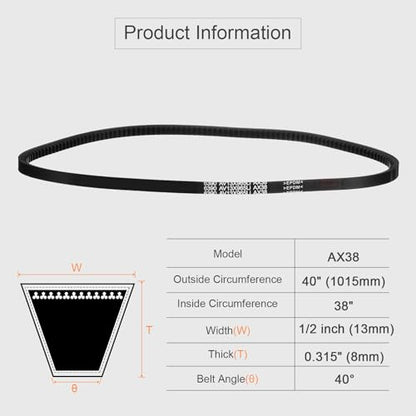 uxcell AX38 EPDM V-Belt, Raw Edge Cogged Industrial Rubber V Belt 1/2" Width x 38" Inside Circumference - size: AX38