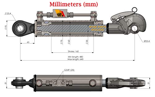 Hydraulic Top Link Cat. 2 +2 with Hook 18 7/8” - 25 3/16” Locking Block Hoses Stroke 6-5/16”