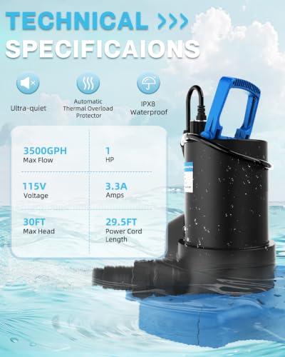 AgiiMan 1HP Automatic Pool Cover Pump, Submersible Sump Pump, Light Blue - color: Light Blue