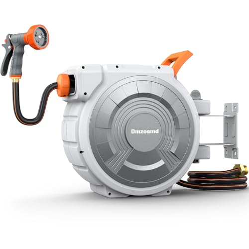 Retractable Garden Hose Reel, 1/2 Inch 150FT Wall Mounted Heavy Duty Garden Hose Reel with 9 Patterns Nozzle, Any Length Lock, Upgraded Slow Return System and 180°Swivel Metal Bracket (1/2" 150FT) - size: 1/2" 150FT