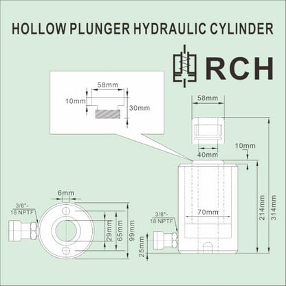 20T Hollow Hydraulic Cylinder Jack 4"(100mm) Stroke Hydraulic Ram - size: RCH-20100