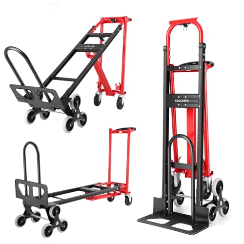 Heavy Duty 1000LBS Stair Climbing Dolly, 3 in 1 Convertible Hand Truck, Red | Aluminum Foldable Cart with Solid Rubber Tri-Wheels, Loop Handle and 2 Bungee Cords for Moving, Travel and Office - color: Red