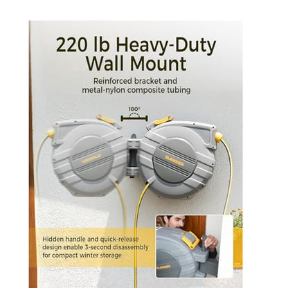 Retractable Garden Hose Reel, 5/8 in x 100 ft UV Resistant Heavy Duty Water Hose Reel with Automatic Slow Rewind & Any Length Lock, 180° Swivel Wall Mount Hose Reels for Outside, 3/4 in Brass Fitting - color: Light Gray, size: 5/8" 100FT