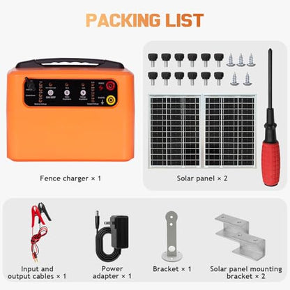 30 Miles/48km Solar Electric Fence Charger,15W Solar Powered Fencer with Adjustable 6KV to 12KV Output (0.3J-1.5J),Battery Level LCD Display,All-Weather Kit for Livestock,Deer,Farm,Yard - color: Orange
