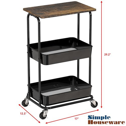Simple Houseware 2-Tier Utility Cart Wood Top/Lockable Wheel, Rustic Brown - color: Rustic Brown