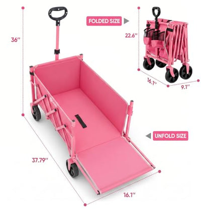 Sekey Collapsible Wagon Cart with Drop-Down Tailgate, 300 lb Capacity - color: Pink