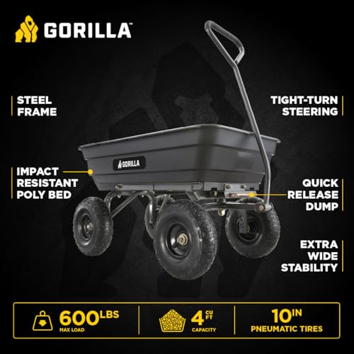Gorilla Carts Poly Dump Cart, 600 lb. Capacity, 4 Cu ft, Quick Release Dump - size: 4-Cubic Feet, style: Pneumatic