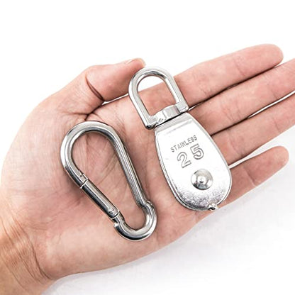 2X 304 Stainless Steel M25 Single Swivel Rope Pulley Blocks with Snap Hooks - size: M25-2pcs